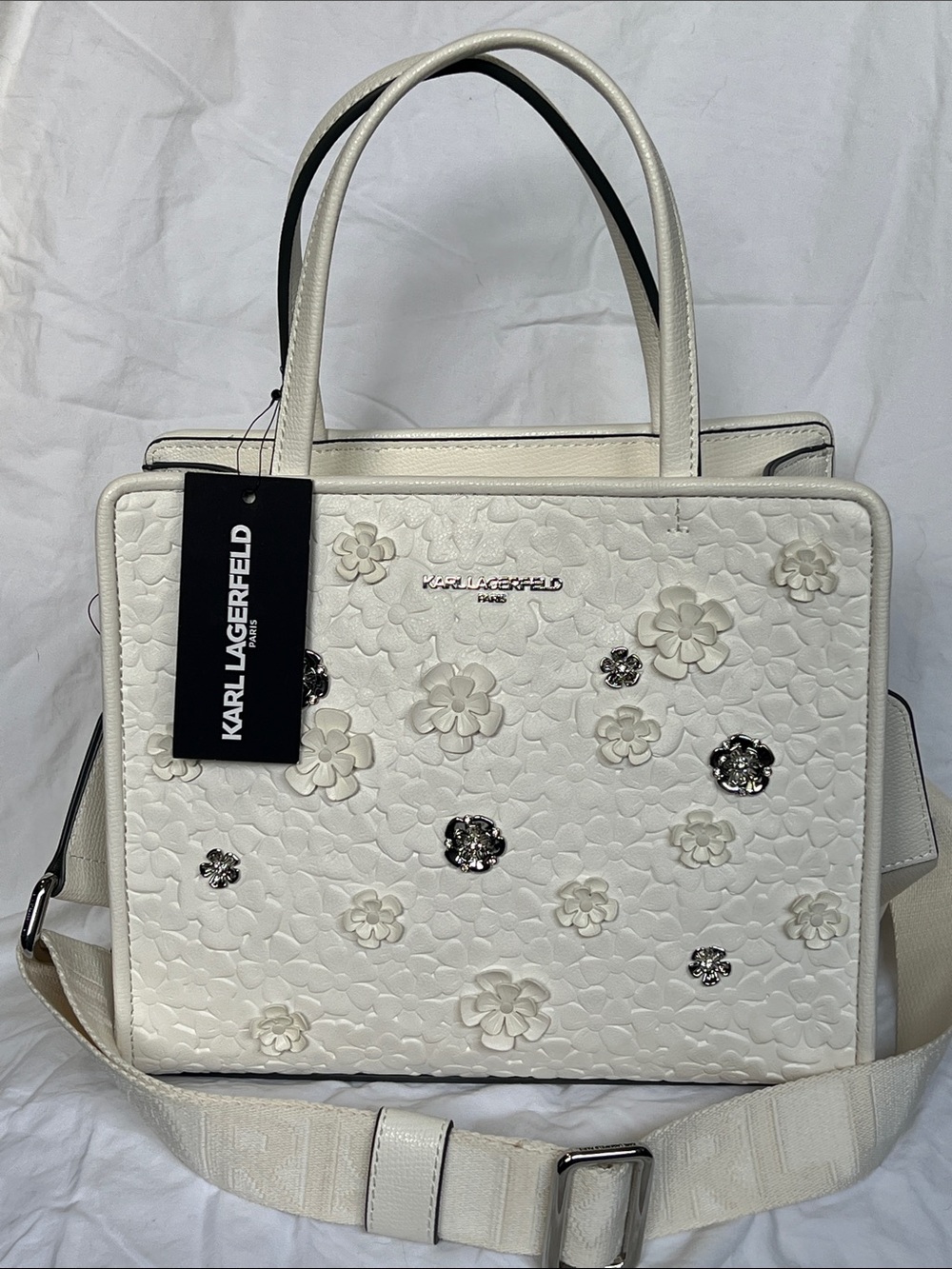 NWT Karl Lagerfeld Paris White Leather Flower Metal and Rhinestone Bag